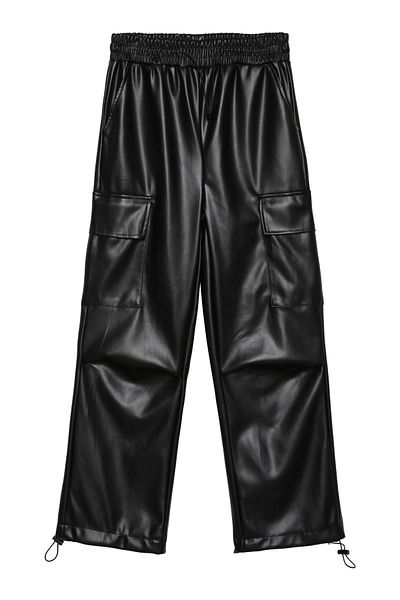 Quzu Cargo Pocket Detailed Elastic Waist Leather Trousers Black