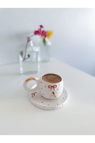 Mugtasarım 24 K Gold Gilded Red Double Turkish Coffee Cup - Letter A