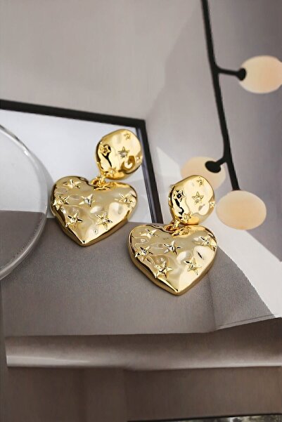 Dora Accessories Yıldız Desenli Sallantılı Altın Kalp Küpe