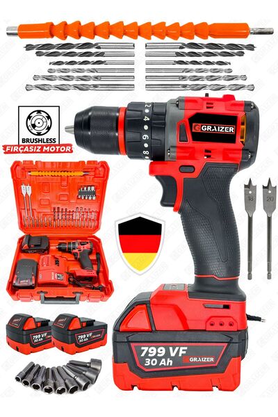 Graizer 799 Vf 30 Ah Darbeli Çelik Mandren Kömürsüz Motor Samsung Çift Akülü Şarjlı Vidalama Matkap