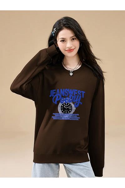 PALPİTO Дамски суитшърт с кафяв принт Jeanswest - с кръгло деколте