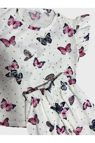 Fil Kids Set de pijamale pentru fetiță, cu mâneci cu volane, din bumbac, cu imprimeu alb de fluturi