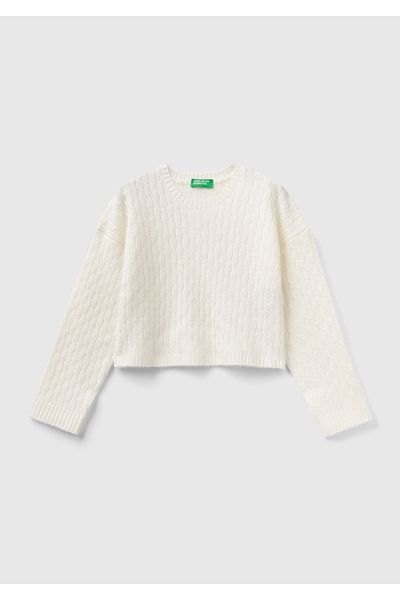 United Colors of Benetton Fata - Pulover Crop Crem, Broderie