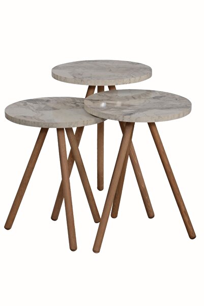 interGO Üçlü Zigon Sehpa Ahşap Ayaklı Yuvarlak Mermer Desenli Tasarım Efes