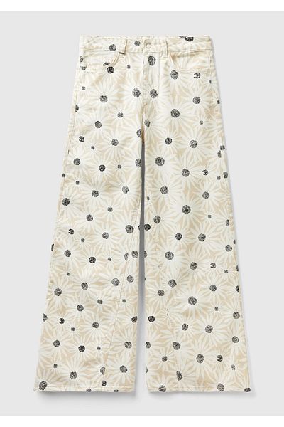 United Colors of Benetton High Waist Wide Leg Women's Trousers - Cream Color, 100% Cotton, Patterned