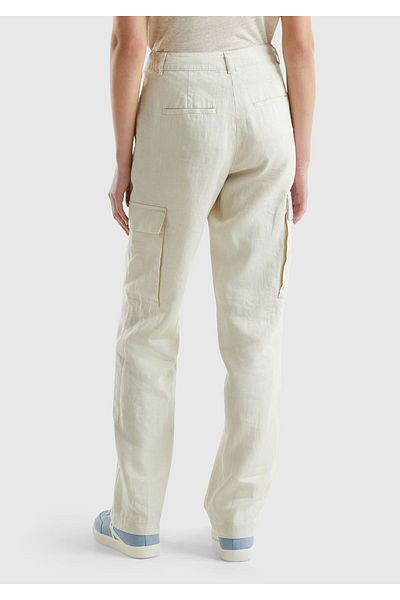 United Colors of Benetton Women's Beige 100% Linen Cargo Pants