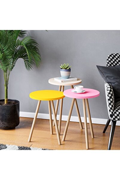 interGO Renkli Üçlü Zigon Sehpa Ahşap Ayaklı Yuvarlak Pastel Tasarım Sarı Krem Pembe