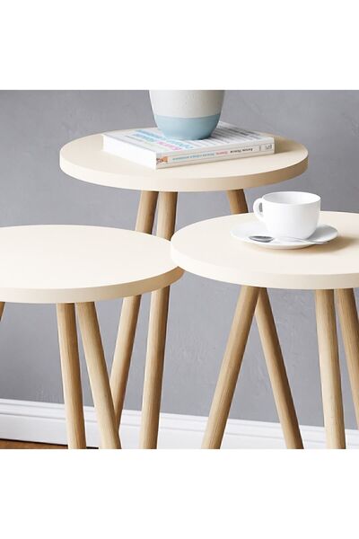 interGO Renkli Üçlü Zigon Sehpa Ahşap Ayaklı Yuvarlak Pastel Tasarım Krem