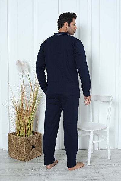 KAPİTEX Uzun Kollu Altı Uzun Boydan Düğmeli Cepli Lacivert Renk Erkek Pijama Takımı