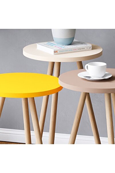 interGO Renkli Üçlü Zigon Sehpa Ahşap Ayaklı Yuvarlak Pastel Tasarım Sarı Krem Cappuccino