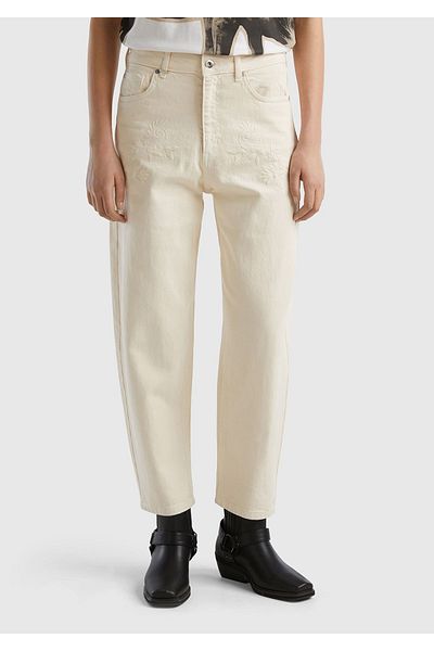United Colors of Benetton Cream Colored Flexible Cotton - Floral Embroidered Carrot Fit Denim Trousers