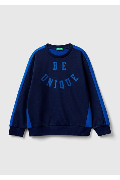 United Colors of Benetton Hanorac pentru băiat bleumarin - imprimat slogan și dungi laterale