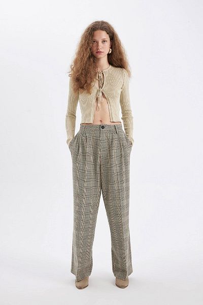 DeFacto Wide Leg Classic Fabric Pants Wide Wide Leg Checked Double Pocket High Waist Pleated Standard Length