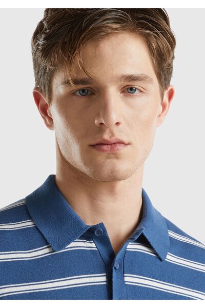United Colors of Benetton Tricou pentru bărbați, albastru noapte, 100% bumbac, cu dungi cu 3 nasturi, cu gât polo