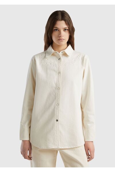 United Colors of Benetton Cămașă cu mânecă lungă, cremă, 100% bumbac, cu mâne...