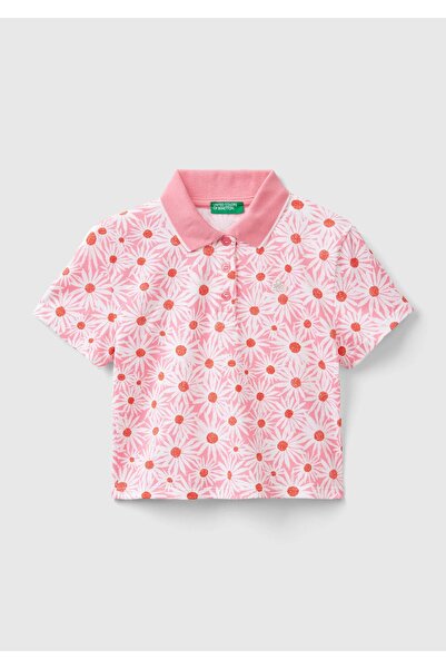 United Colors of Benetton Κοριτσίστικο μπλουζάκι πόλο με ροζ μοτίβο - Κεντημέ...