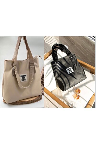 MUJGAN Kadın Siyah Ve Açıkvizon 2'li Shopper Omuz Çantası En 38 Boy 35cm