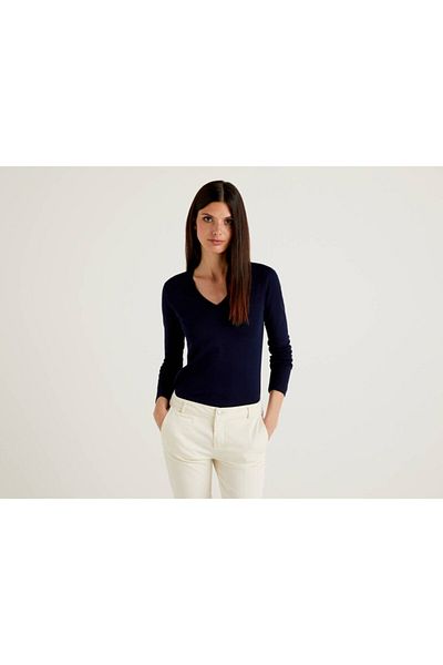 United Colors of Benetton Tricou de bază cu mânecă lungă și decolteu în V
