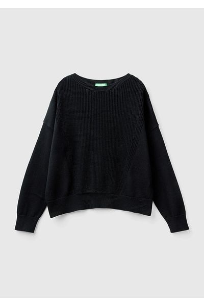 United Colors of Benetton Pulover negru pentru femei, 100% bumbac, cu detaliu în față, cu gât barca