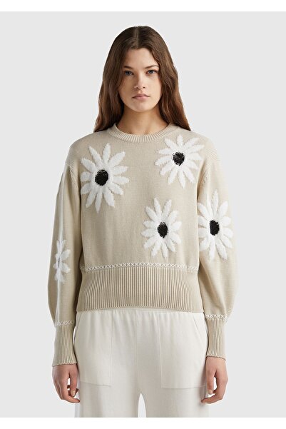 United Colors of Benetton Pulover de damă, bej, amestecat de bumbac, cu imprimeu floral