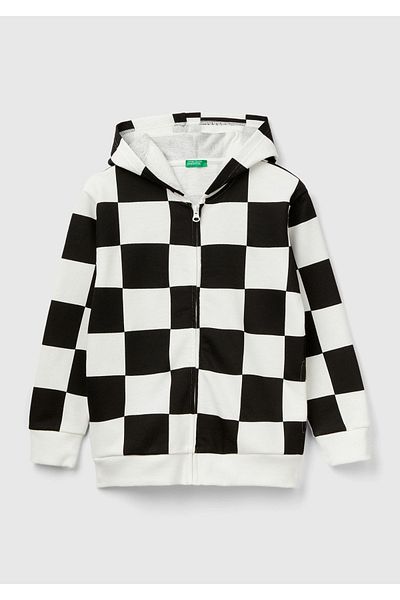 United Colors of Benetton Тъмно сив суичър с шахматна дъска за момче, черно-бял