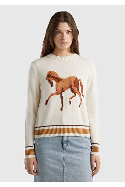 United Colors of Benetton Femei - Culoare crem, 100% bumbac, pulover cu decol...