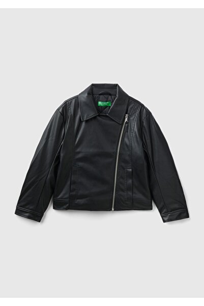 United Colors of Benetton Black Faux Leather Jacket for Girl