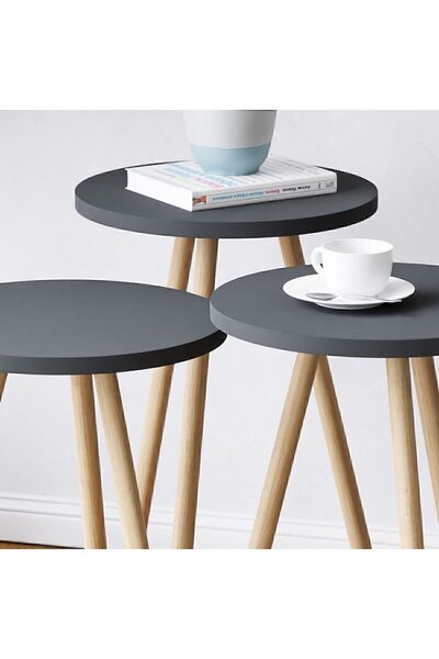 interGO Renkli Üçlü Zigon Sehpa Ahşap Ayaklı Yuvarlak Pastel Tasarım Gri