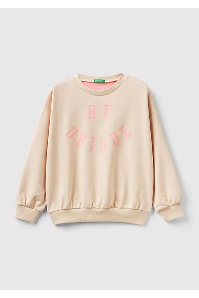 United Colors of Benetton Girl's Beige Slogan Printed Color Block Sweatshirt