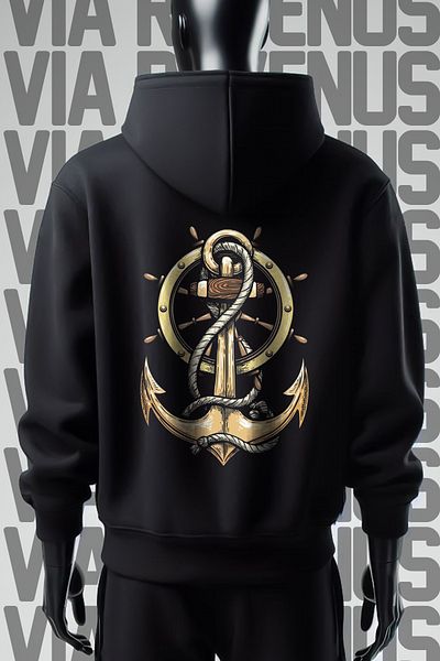 Vordevia 3 Thread Printed - Wide Fit Black Hooded Anchor Sweatshirt