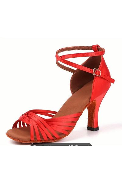 SUNA Salsa Dance Shoes - Red Satin, 7 cm Goblet Heel