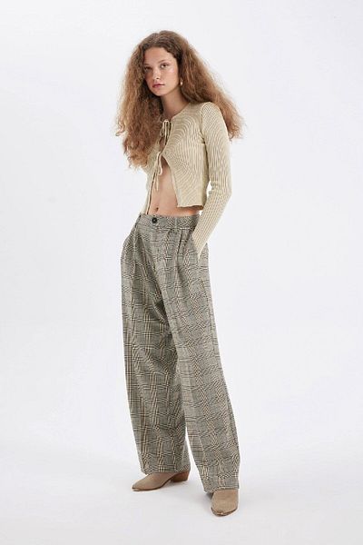 DeFacto Wide Leg Classic Fabric Pants Wide Wide Leg Checked Double Pocket High Waist Pleated Standard Length