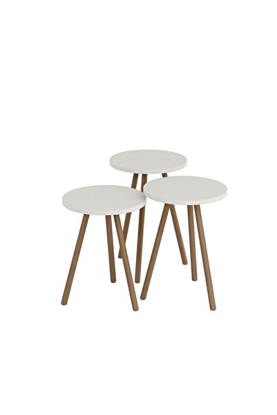 interGO Renkli Üçlü Zigon Sehpa Ahşap Ayaklı Yuvarlak Pastel Tasarım Beyaz