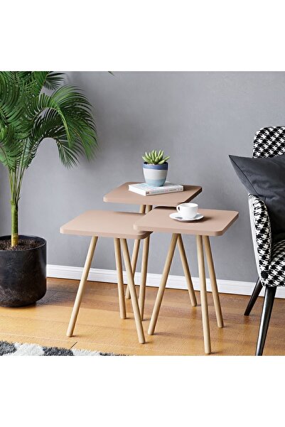interGO Üçlü Zigon Sehpa Ahşap Ayaklı Kare Tasarım Cappuccino