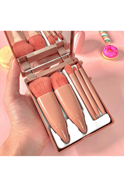 newnet Özel Aynalı 5’li Makyaj Fırça Seti Seyahat Mini Boy Taşınabilir Yumuşak Makyaj Fırçaları