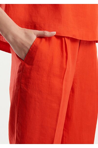 United Colors of Benetton Red Linen Women's Trousers - 100% Linen, Elastic Waist