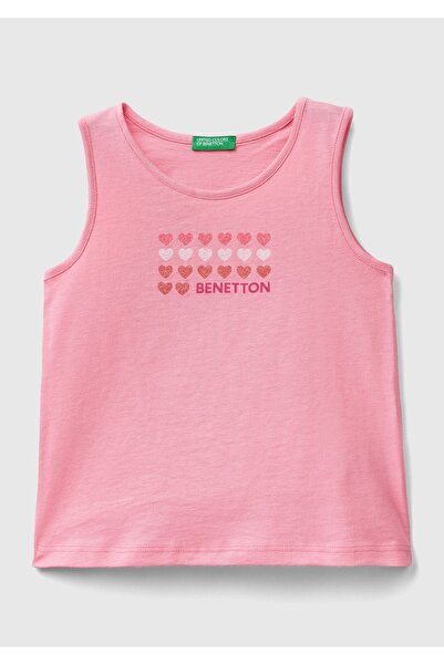 United Colors of Benetton Girl's Pink Glitter Logo Embroidered Tank Top
