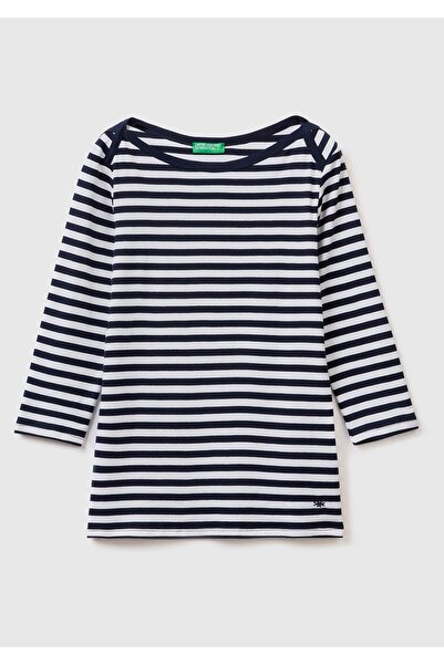 United Colors of Benetton Γυναικείο ριγέ μπλουζάκι Indigo με μανίκια τριών τετάρτων