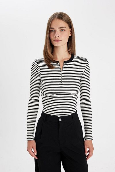 DeFacto Slim Fit Slim Fit Crew Neck Half Zip Stripe Ribbed Camisole Long Sleeve T-Shirt