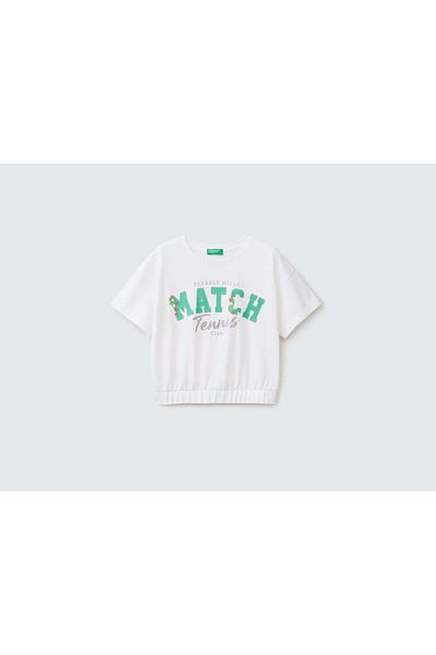 United Colors of Benetton Tricou crop cu slogan cu sclipici alb pentru fete