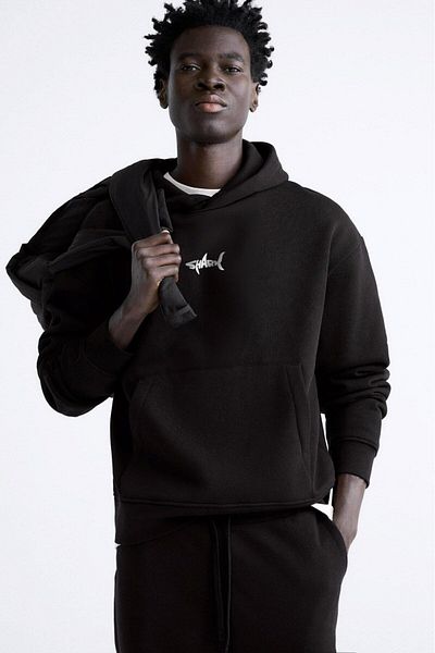 The Champ Clothing Черен извънгабаритен суичър с качулка с качулка и щампа на акула
