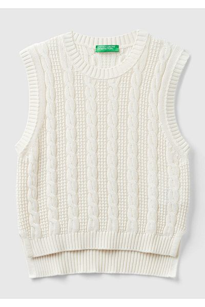United Colors of Benetton Women's Cream 100% Cotton Hair Braided Crop Sweater