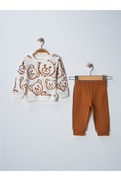 BUUFUU Panda Baskılı Uzun Kollu Waffle Kumaş Çocuk Bebek Takım Hediyelik