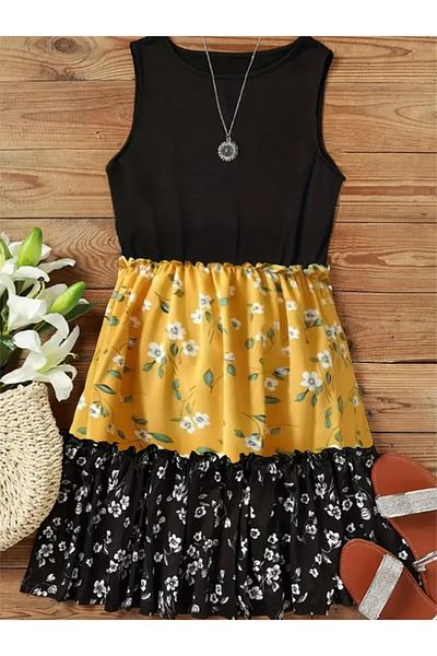 modaserdem Floral Printed Casual Single Jersey Women's Dress - Round Neck and Straps