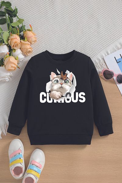 MYADA Детски суитшърт с качулка Curious Written Oversize - с принт на котенца, нов сезон 14609