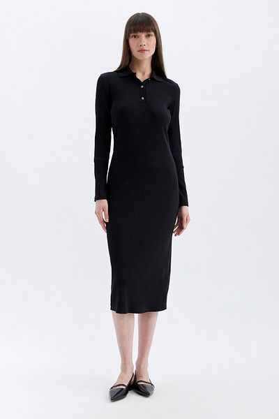 DeFacto Žebrovaná košilka - Midi šaty Bodycon Polo s výstřihem, dlouhý rukáv