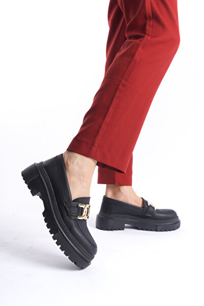 Moda Değirmeni Dámská černá Capone mokasína – přezka a kůže Bg1095-113-0002