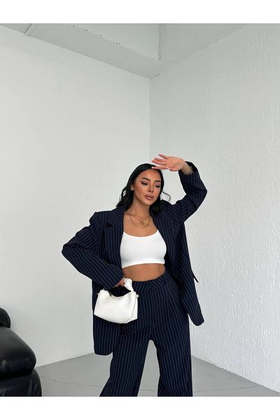 HARMONY GLOBAL Navy Blue Striped Women's Blazer and Trousers Set - Double Atlas Fabric 1462