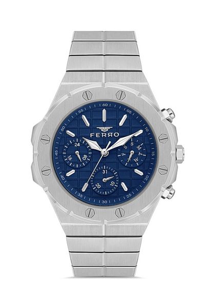FERRO Men's Wristwatch - Quartz, Steel Grey Navy Blue Dial, 42 mm, Functions Active