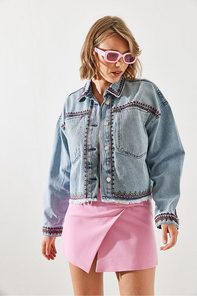 Bianco Lucci Gestickte Damen-Jeansjacke mit Quastenrock – 2406 60251787